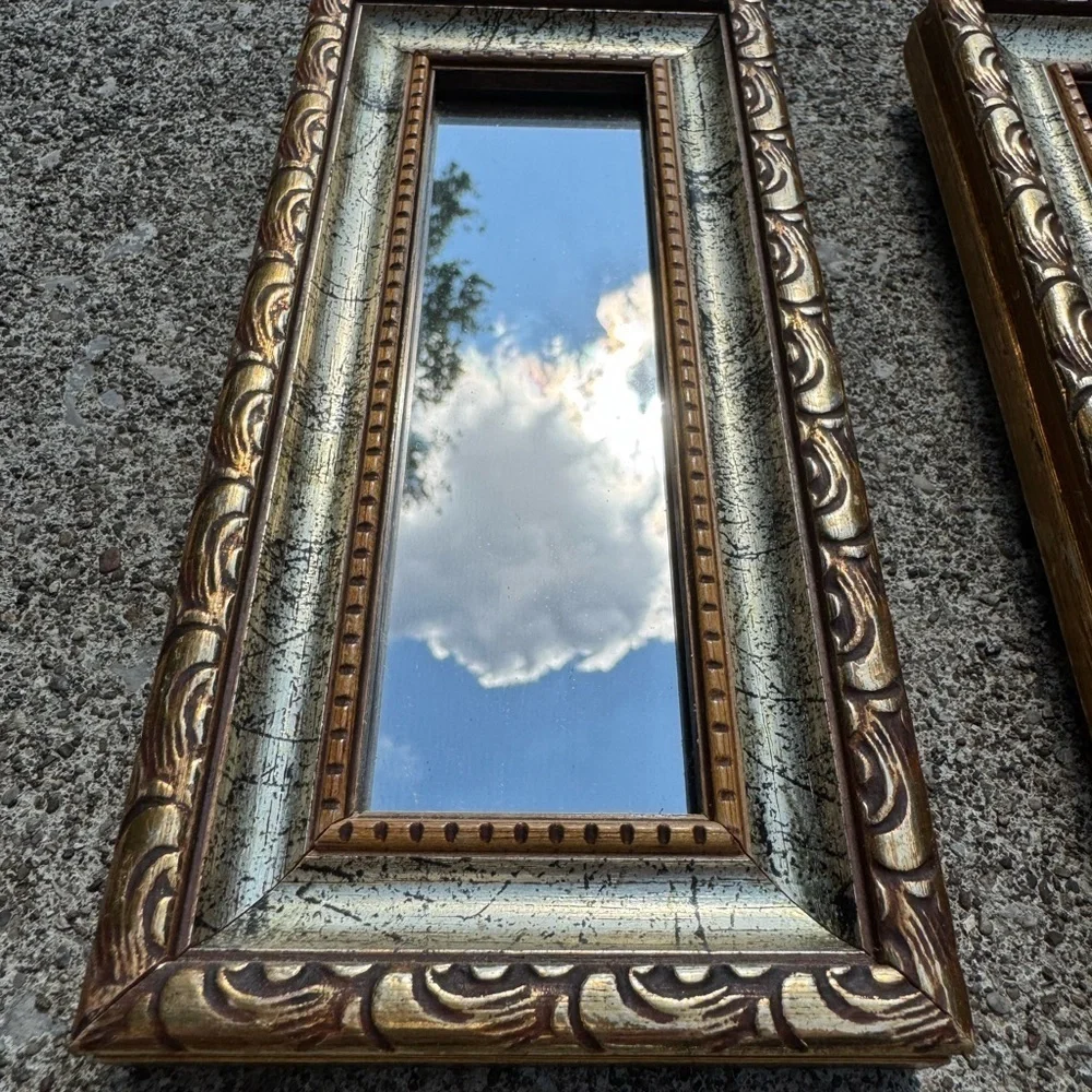 Pair of vintage gold framed Victorian style wall hanging mirrors READ